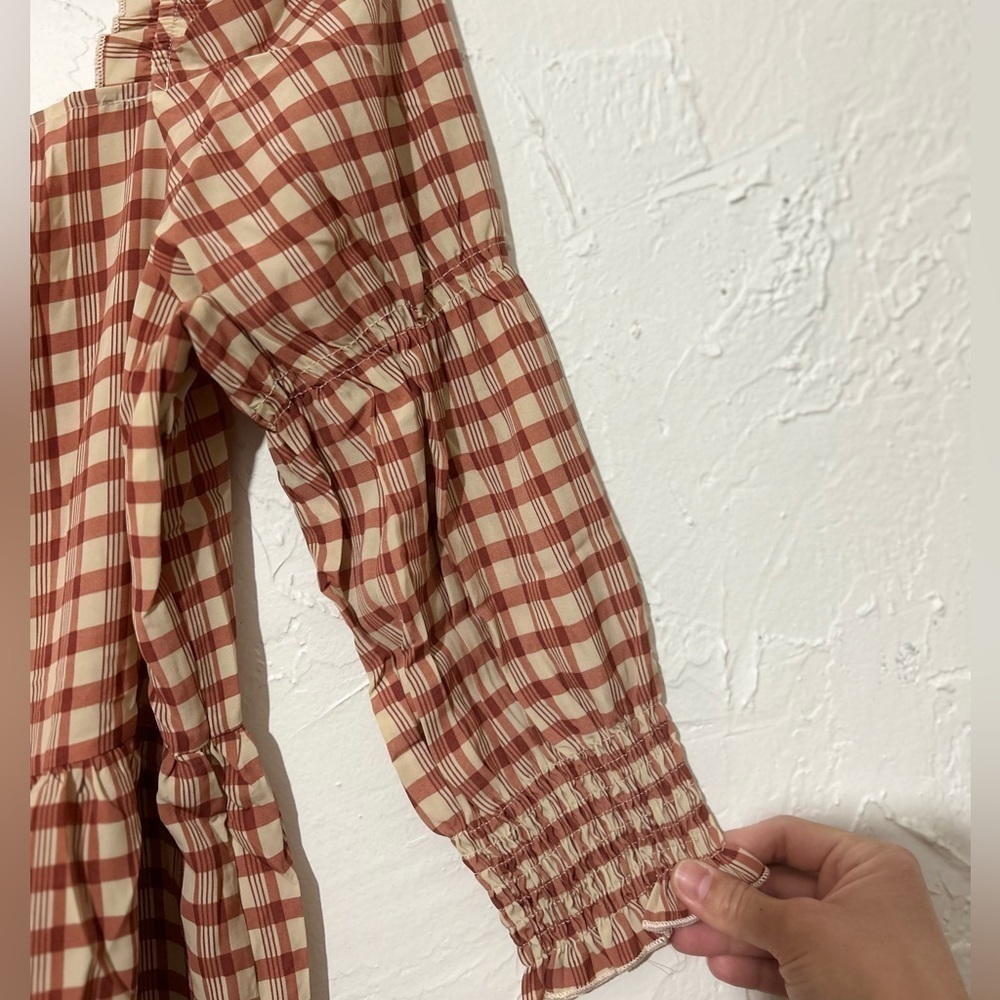 NWT QED London Square Neck Half Sleeve Tiered Smock Gingham Tan Dress Sz 8 - Picture 6 of 8